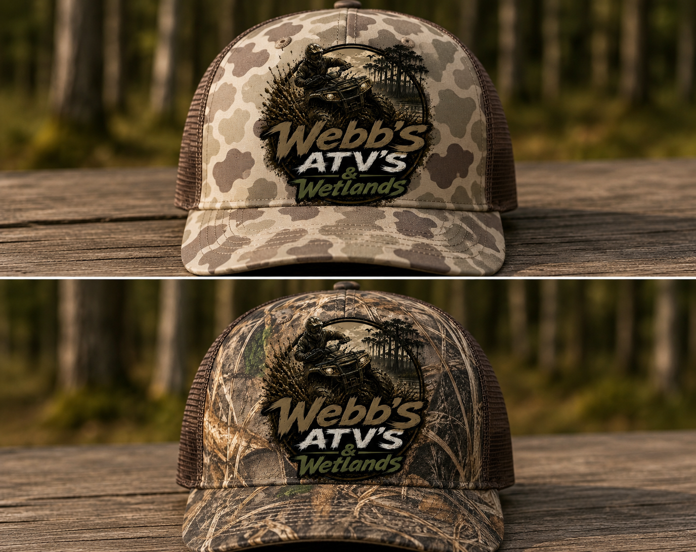 Two camo trucker hats with the Webb's ATVs & Wetlands logo