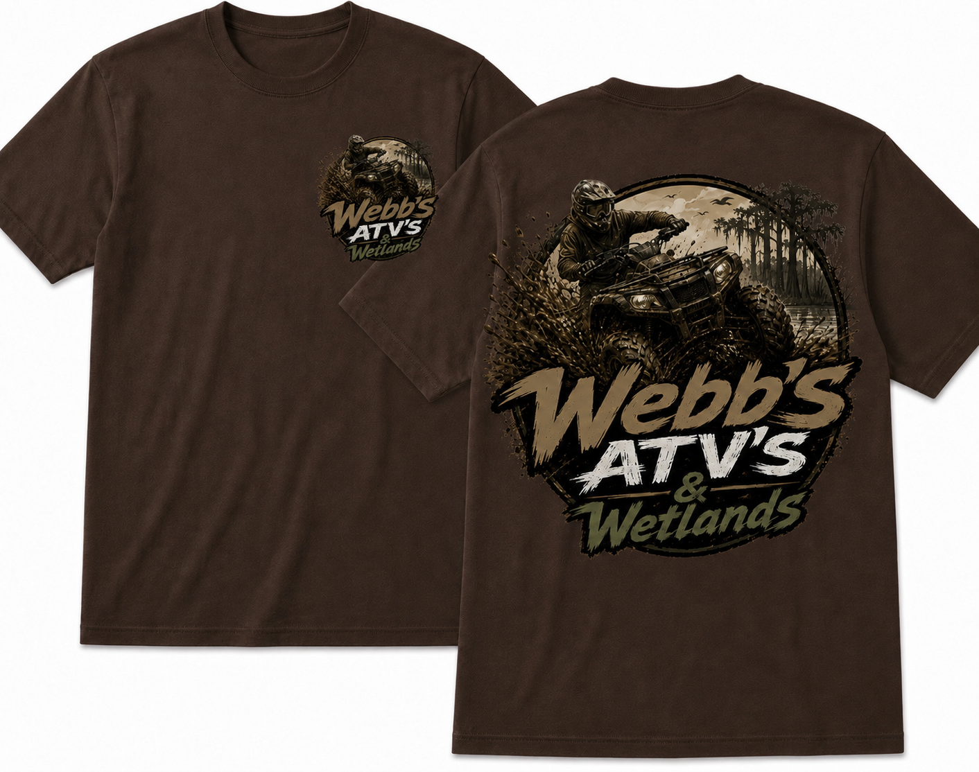 Brown Webb's ATVs & Wetlands t-shirt, front and back