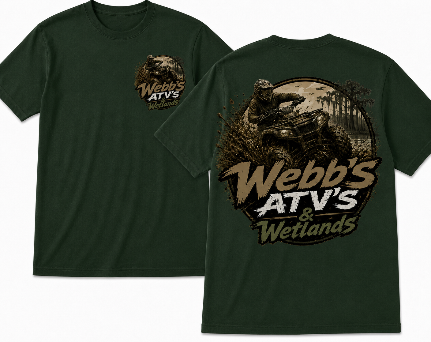 Forest green Webb's ATVs & Wetlands t-shirt, front and back